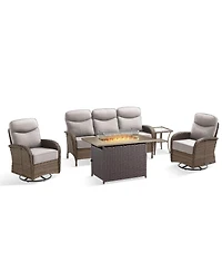 Pocassy Cushion Patio Furniture Set with Fire Pit Table, High Back Swivel Rocker Chairs Outdoor Couch, Wicker Conversation