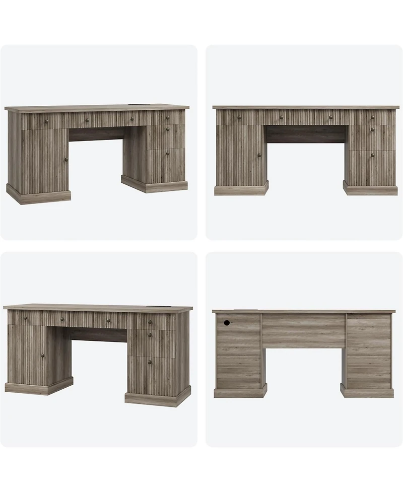 homfan 60" Office Desk with Storage and Drawers – Fluted Wood Computer Desk with Power Outlet and Adjustable Shelves for Home Office