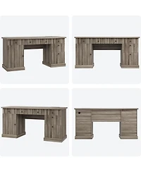 homfan 60" Office Desk with Storage and Drawers – Fluted Wood Computer Desk with Power Outlet and Adjustable Shelves for Home Office