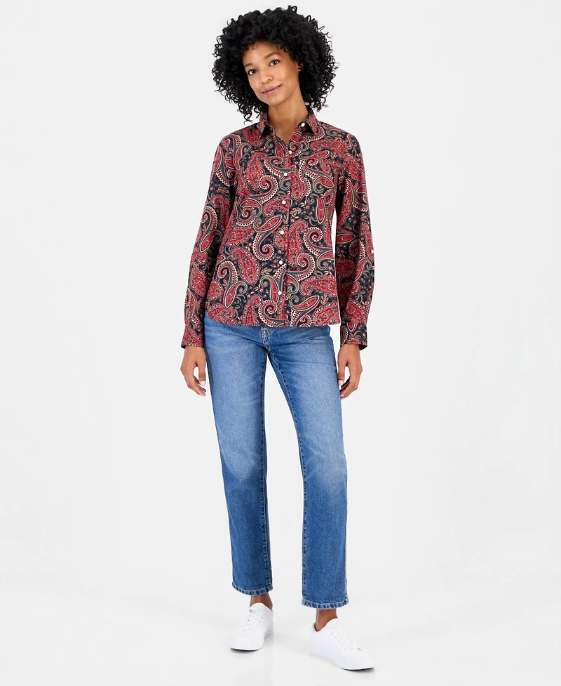 Nautica Women's Cotton Paisley Roll-Tab Shirt