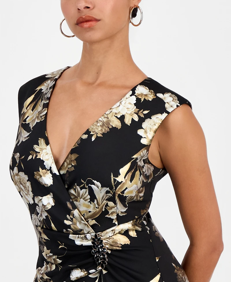 Connected Women's Floral-Print Ruffle V-Neck Dress