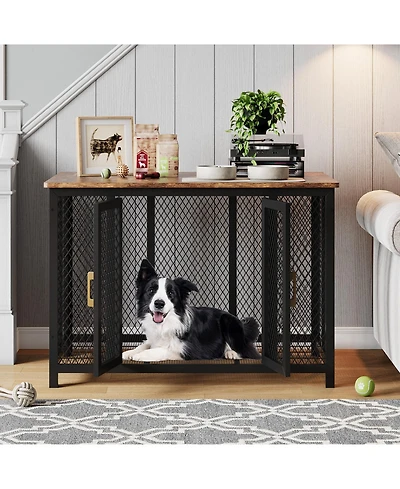 homfan Flip Top Dog Crate Furniture, 47 Inch Heavy Duty Metal Dog Cage End Table with 2 Doors and Latches for Large Medium Small Dogs