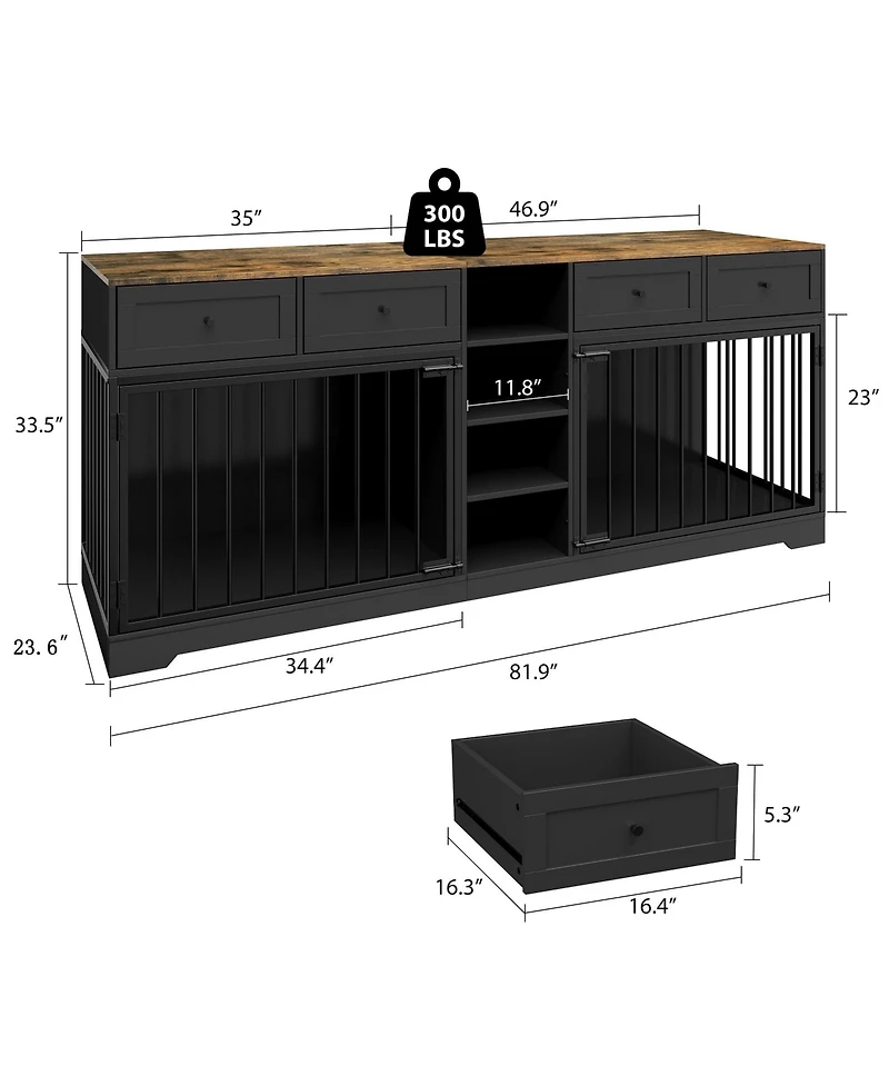 Large Double Dog Crate Furniture, Wooden Indoor Kennel with Divider, 4 Drawers and Shelves for Two Medium or Dogs