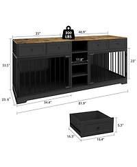 Large Double Dog Crate Furniture, Wooden Indoor Kennel with Divider, 4 Drawers and Shelves for Two Medium or Dogs