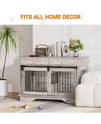 homfan Dog Crate Furniture, Dog Kennel with Storage Drawers and Sliding Barn Door, with Detachable Divider, Dog Cage End Table for 2 Medium Dogs