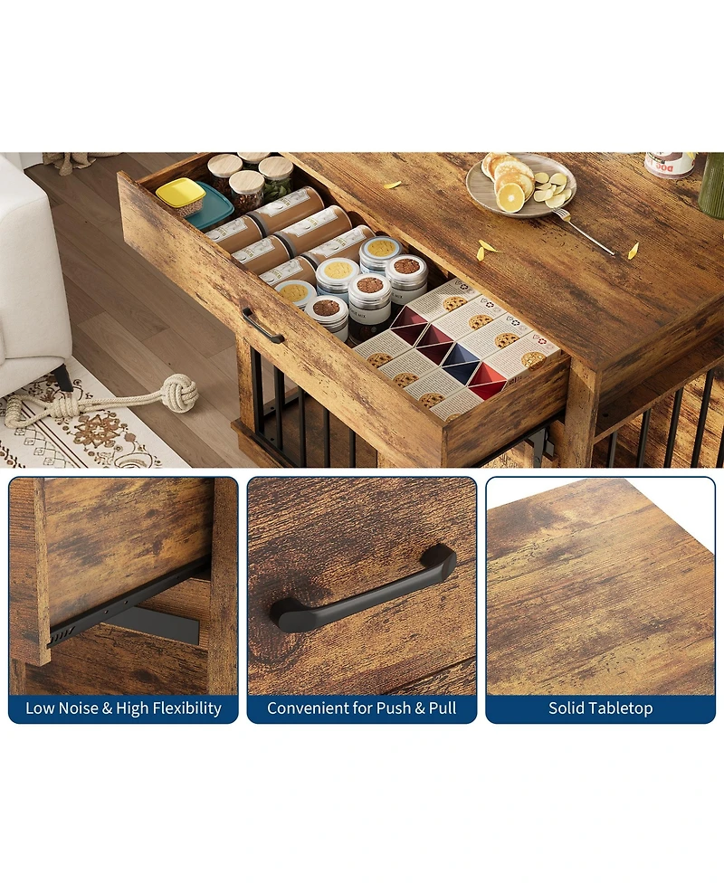 homfan Dog Crate Furniture, 38 Inch Brown Iron and Wood End Table with Sliding Barn Door and Storage Drawer for Small or Medium Dogs