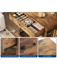 homfan Dog Crate Furniture, 38 Inch Brown Iron and Wood End Table with Sliding Barn Door and Storage Drawer for Small or Medium Dogs