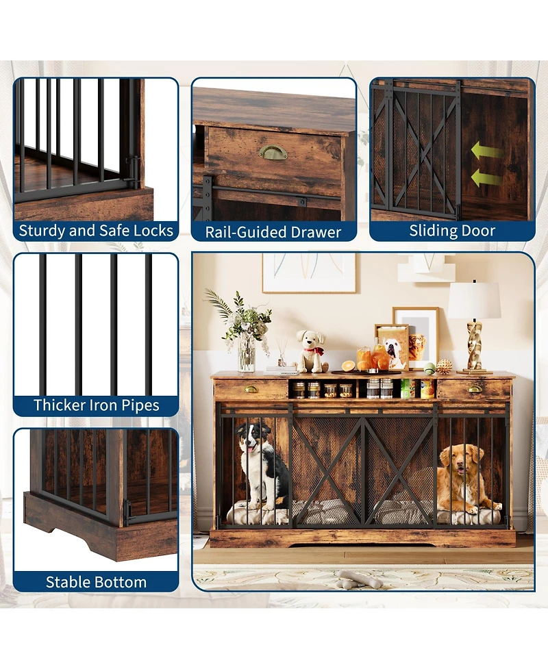 homfan Homfan Double Dog Crate Furniture with Divider, Sliding Doors, Drawers & Shelves for Large & Medium Dogs