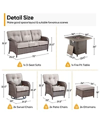 Pocassy 8 Piece High Back Outdoor Furniture with 5-inch Thick Cushion, Patio Set 30" Square Fire Pit Table and Swivel Chairs