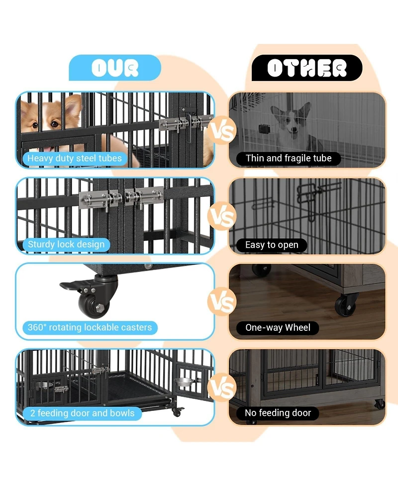 homfan Dog Crate Heavy Duty Metal Dog Cage with Flexible Divider 2 Doors 2 Feeding Bowls, and Removable Tray for Small Medium Large Pets