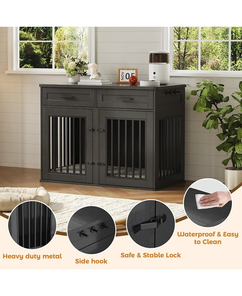homfan Dog Crate Furniture Wooden Heavy Duty Indoor Kennel, Storage Drawers