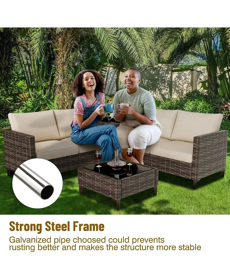 homfan 4-Piece All-Weather Pe Rattan Sectional Furniture Set with Loveseat Sofa, Coffee Table Storage-Ideal for Backyard, Poolside