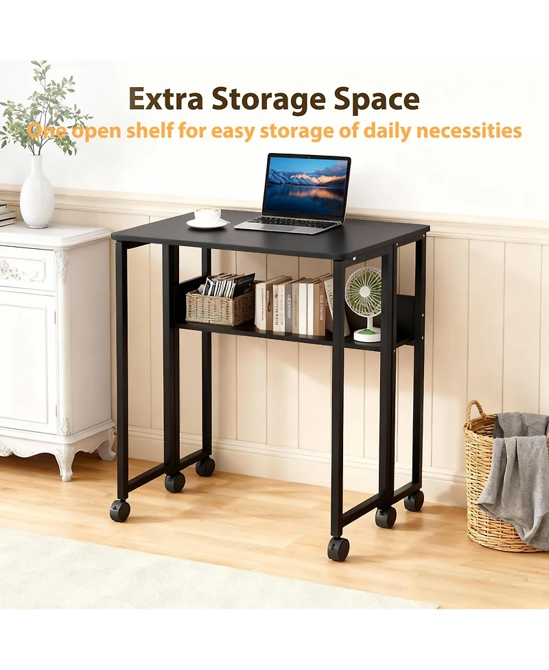 homfan 31.5" Folding Rolling Desk with Storage Shelf, Small Space Computer Table Wheels, Foldable Workstation for Home Office and Study