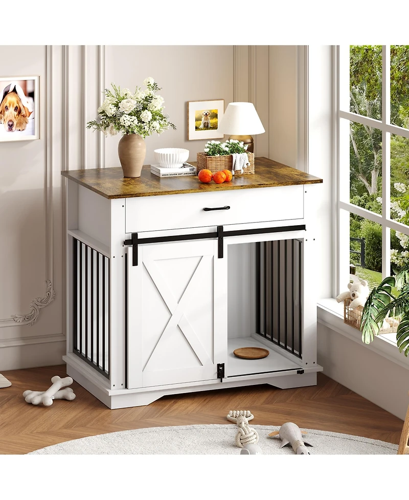 homfan Modern Farmhouse Wooden Dog Crate - Double Doors, Storage Drawer and Cabinet, End Table, Carbon Steel Frame.