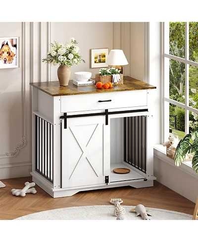 homfan Modern Farmhouse Wooden Dog Crate - Double Doors, Storage Drawer and Cabinet, End Table, Carbon Steel Frame.