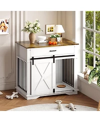 homfan Modern Farmhouse Wooden Dog Crate - Double Doors, Storage Drawer and Cabinet, End Table, Carbon Steel Frame.
