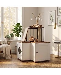 homfan Multi-Level Wooden Crate with Storage Tall House with Hidden Litter Box, Scratching Post, Play Area, L-Shaped Design, Easy Clean Indoor Kennel.