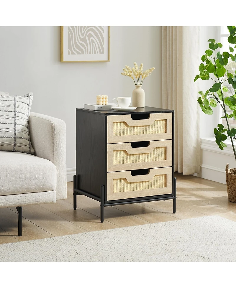 gaomon Set of 2 Rattan Nightstands with 3 Natural Rattan Drawers