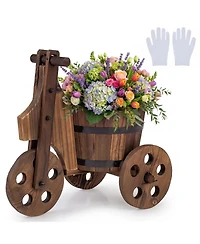 Costway Rustic Wood Tricycle Planter with Barrel Pot and Drainage for Patio Balcony Garden