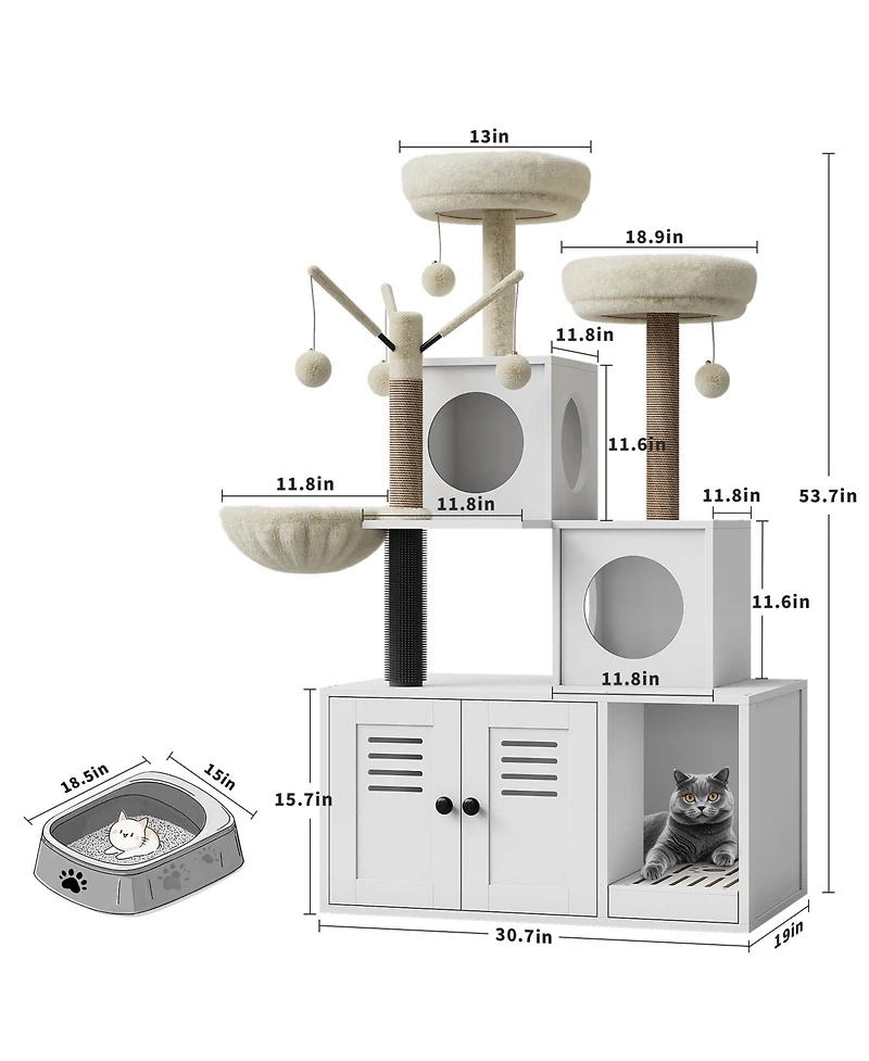 Homfan 2-in-1 Modern Cat House & Litter Box Enclosure with Tree, Hidden Washroom, Hammock, Scratching Posts Soft Perches