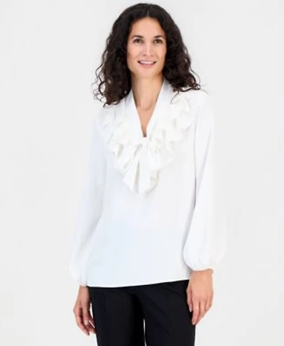 Kasper Womens Ruffle Neck Tie Front Long Sleeve Blouse