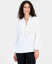 Kasper Womens Ruffle Neck Tie Front Long Sleeve Blouse
