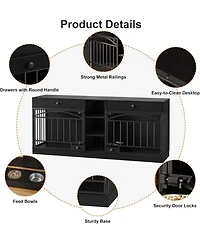 homfan Double Dog Crate Furniture for 2 Small/Medium Dogs with Drawers, Shelves, Feeding Bowls, Indoor Kennel & Tv Stand