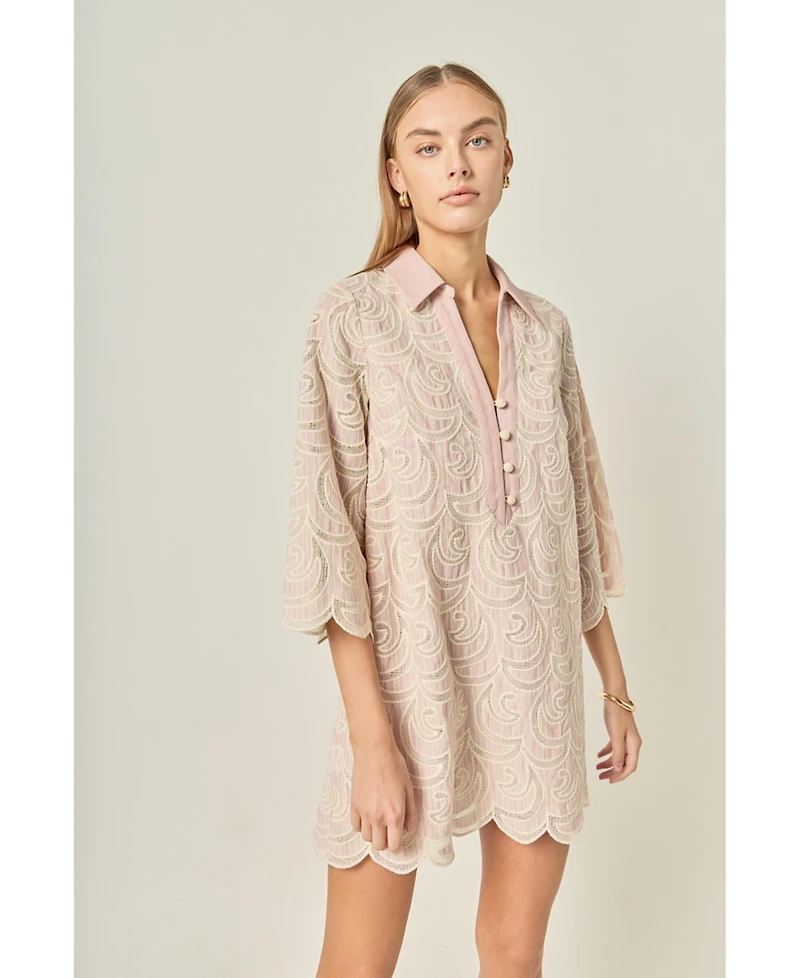 English Factory Women's Striped Embroidered Scallop Hem Shirt Mini Dress