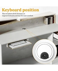 Logicfox Reception Desk with Counter Drawer Keyboard Tray Cabinet and Led Stone Look and Wood