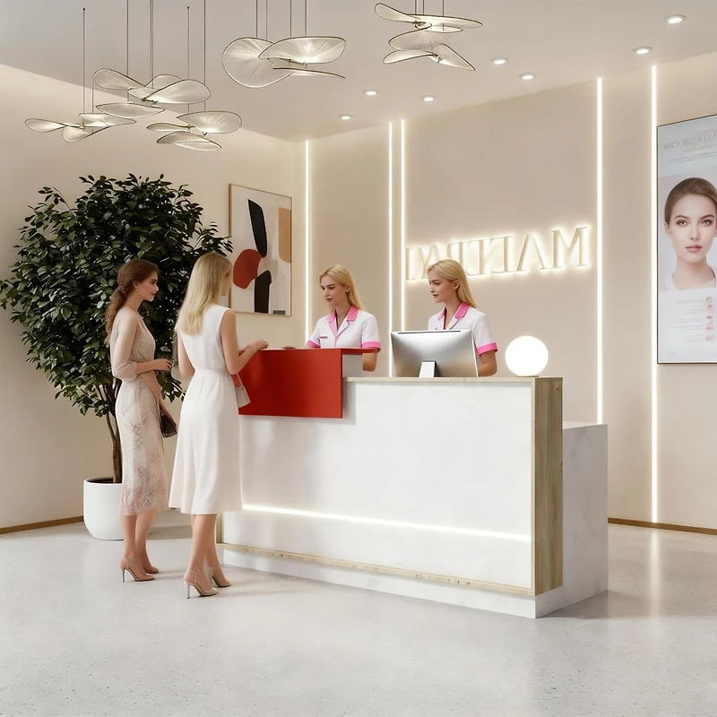 Logicfox Reception Desk with Counter Drawer Keyboard Tray Cabinet and Led Stone Look and Wood