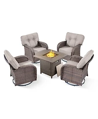Pocassy 5 Piece Patio Furniture Set,Wicker Swivel Rocker Chairs Set of 4 with 30'' Fire Pit Table Outdoor