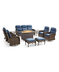 Pocassy 10 Pieces Patio Furniture Set, Outdoor Wicker Sofa Couch with Rocking Swivel Chairs Fire Pit Table, Modern Deep Seat Rattan Conversation Sets