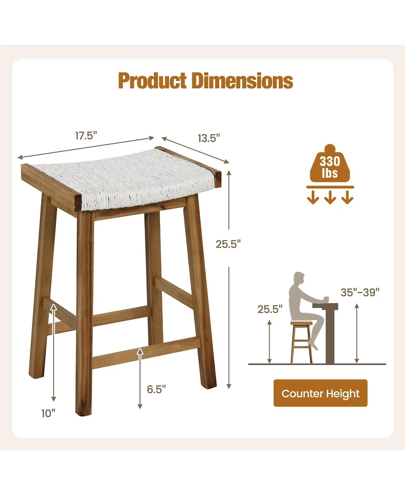 Costway Set of 2 25.5" Dining Saddle Stool Counter Height Seaweed Woven Seat Solid Wood