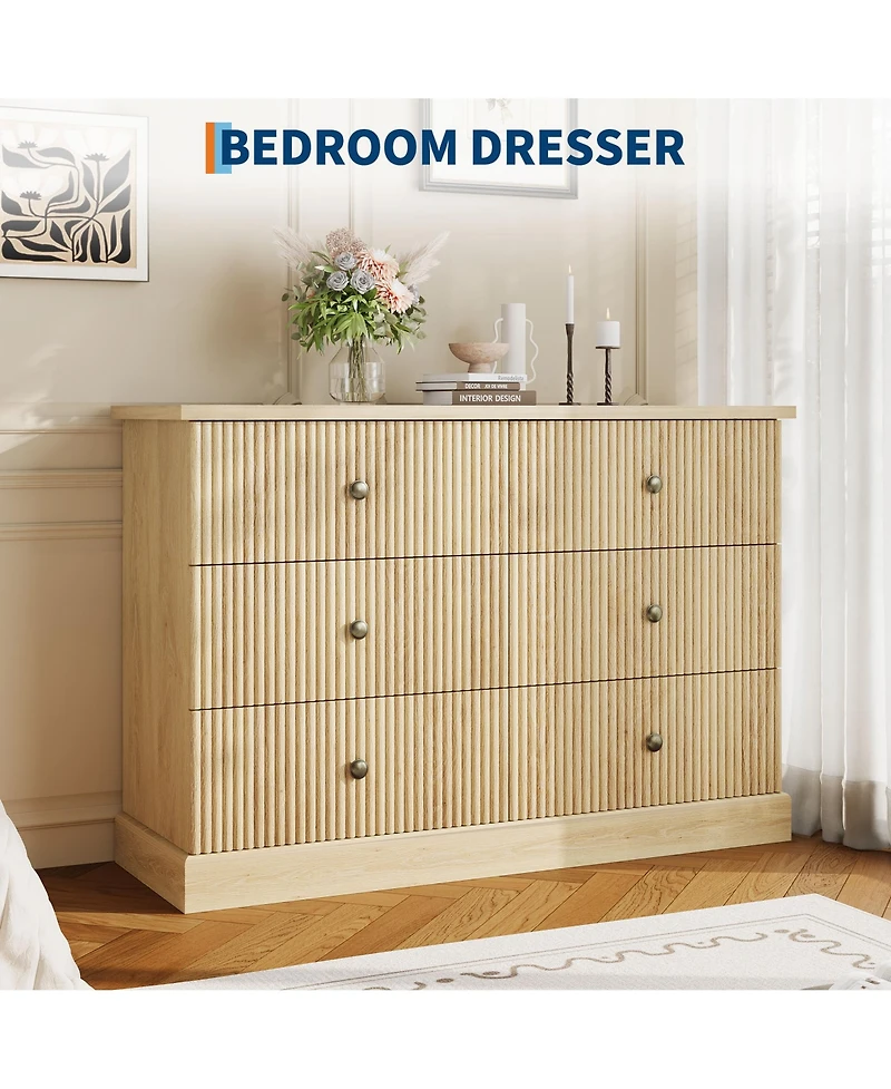 homfan 6 Drawer Dresser Chest with Fluted Front and Metal Handles for Bedroom, Guest Room, Apartment, Entryway