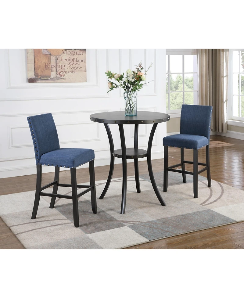 Flynama 3-Piece 36" Round Bar Table Set with 2 Fabric Nail Head Pub Stools