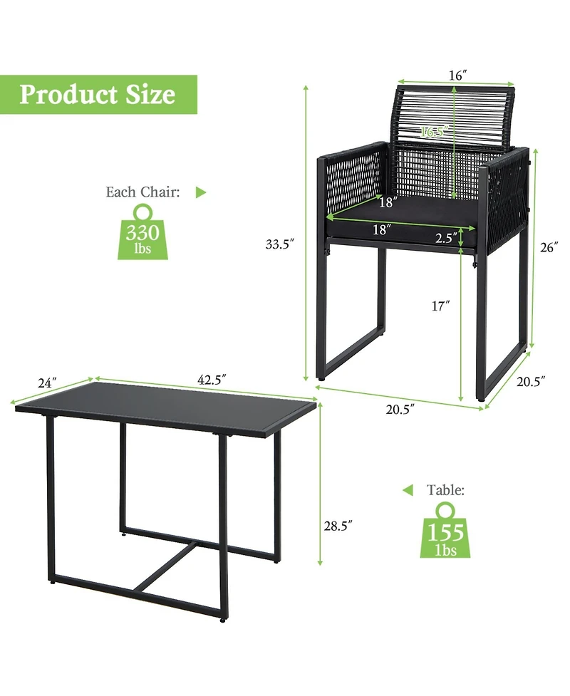 Costway 3PCS Patio Pe Wicker Furniture Set Cushioned Chairs with Folding Backrest Backyard