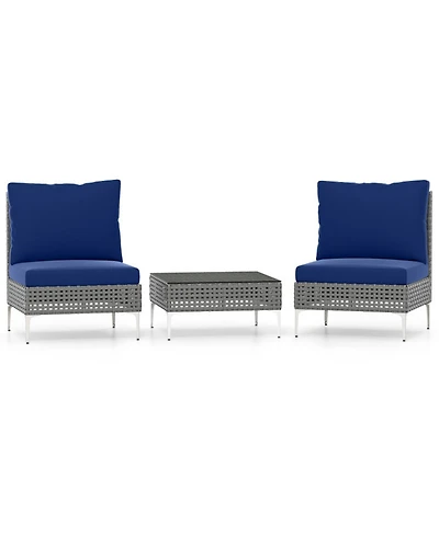 Gouun 3-Piece Low-Profile Pe Rattan Conversation Set with Glass Coffee Table and Cushions