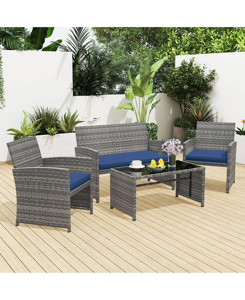 Sugift 4 Piece Patio Conversation Set Rattan Chair Loveseat and Table Set