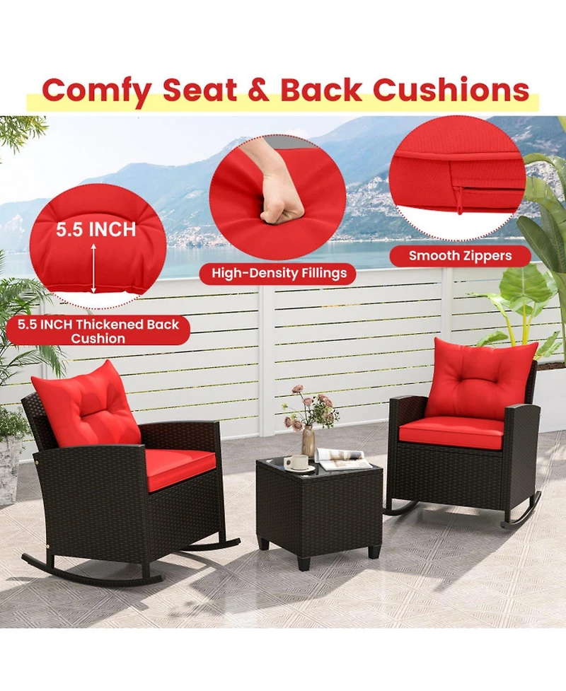 Sugift 3-Piece Patio Rattan Rocker Chair Set with Tempered Glass Side Table and Cushions