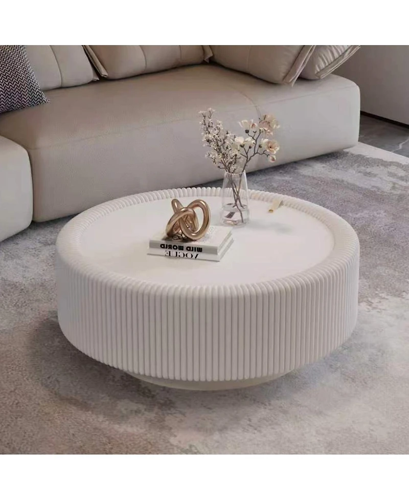 Streamdale Furniture Round Fluted Coffee Table with Tempered Glass Top and Hidden Storage