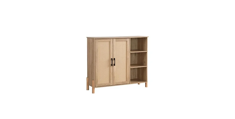 Flynama Mid Century Rattan Storage Cabinet with Open Shelves