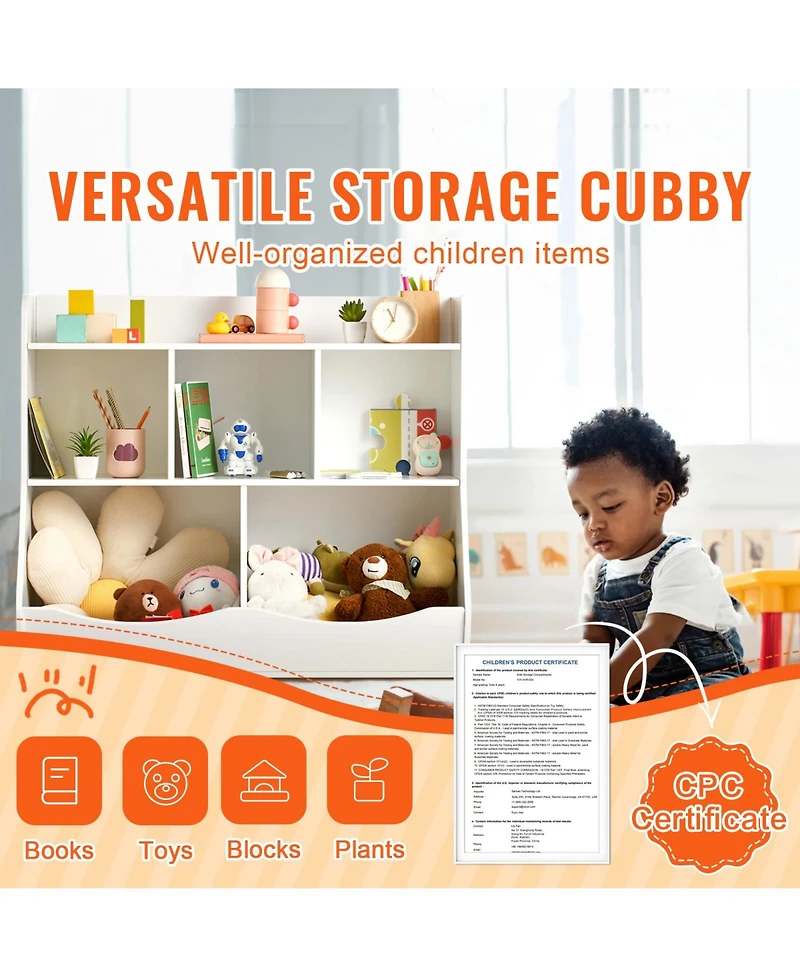 Flynama 5-Cubby Wooden Kids Storage Cabinet Multi-Grid Toy Bookshelf Rounded Edge Safe Children Room Furniture