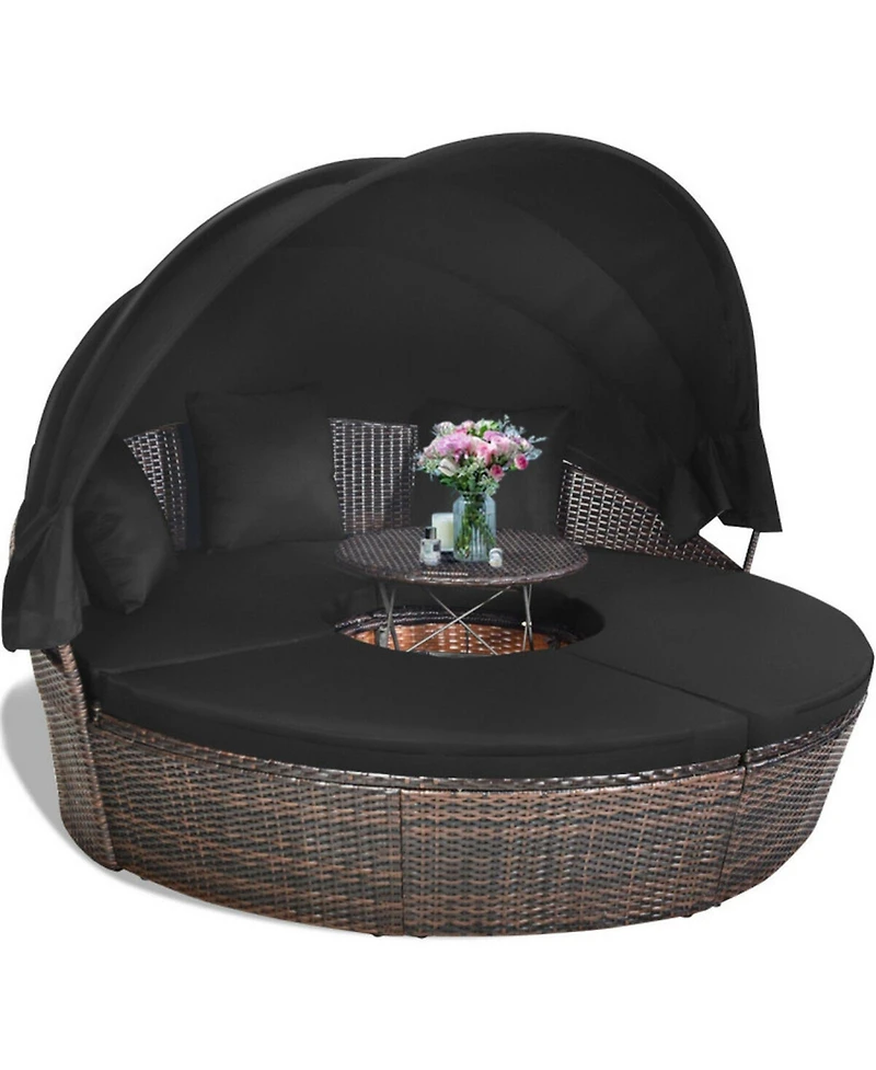Sugift Patio Round Rattan Daybed with Retractable Canopy and Height Adjustable Coffee Table