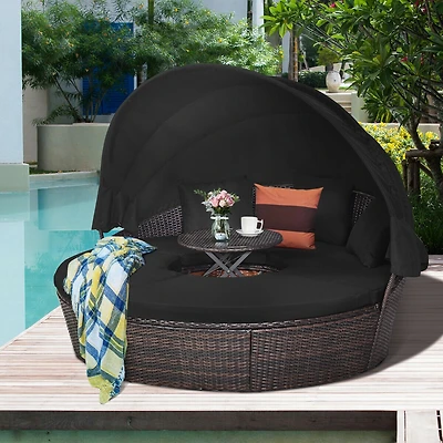 Sugift Patio Round Rattan Daybed with Retractable Canopy and Height Adjustable Coffee Table