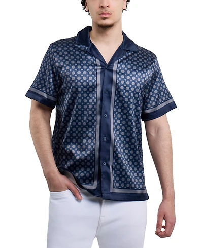Xray Men's Regular Fit Camp Collar Short Sleeve Printed Woven Satin Shirt