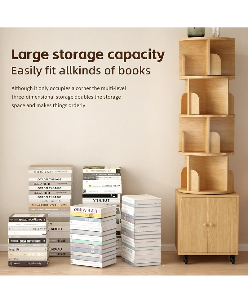 Flynama 5-Tier Rotating Corner Bookshelf with Double Door Drawer, 360 Degree Revolving Wooden Home Storage Rack