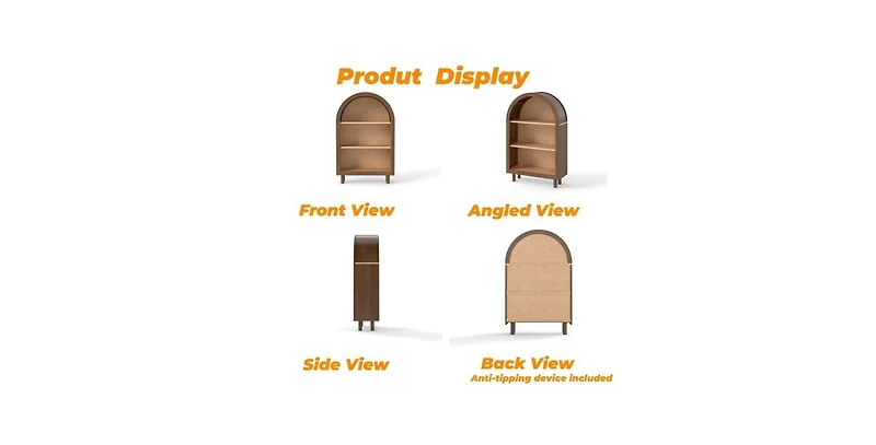 Flynama Arched Top 3-Tier Open Bookshelf Glaze Finish Storage Cabinet for Living Room Entryway Bedroom