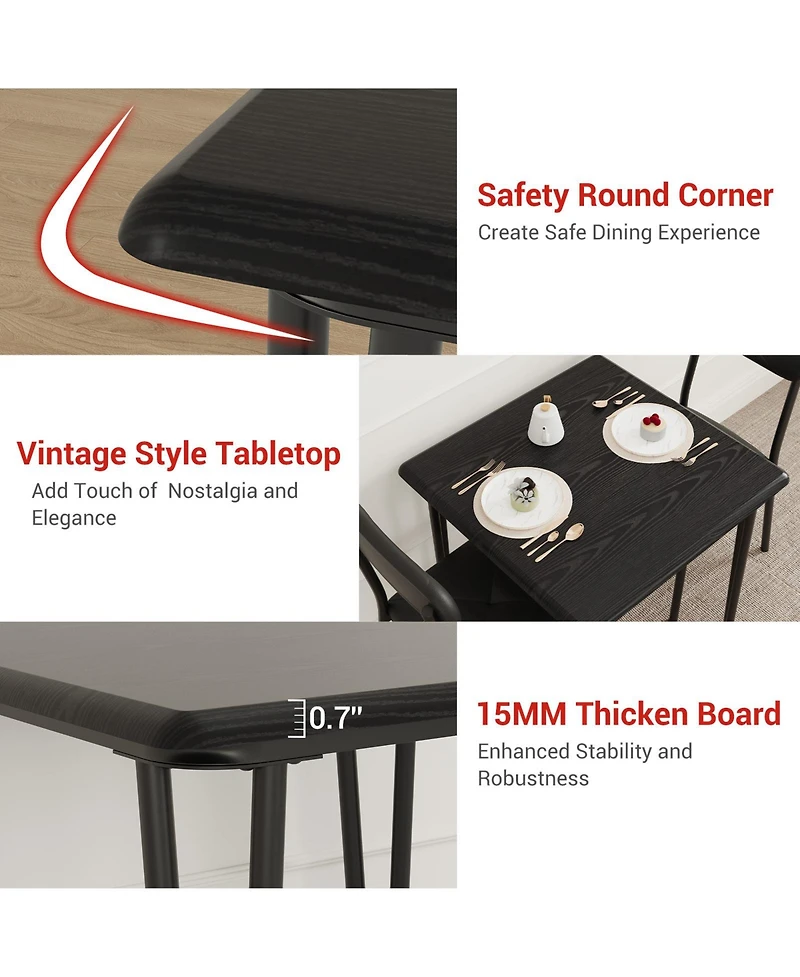 homfan 3 Pieces Dining Table Set, Square Kitchen and Upholstered Chairs for 2, Wooden Room Set with Metal Frame Small Places