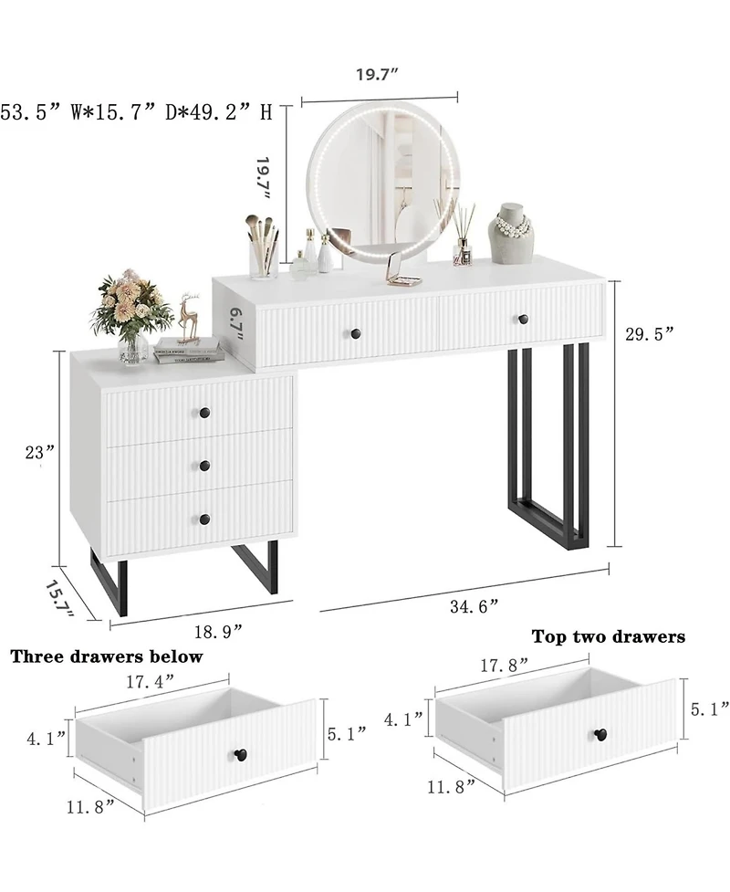 gaomon 5-Drawer Lighted Mirror Vanity, Roomy Makeup Desk for Bedroom Storage