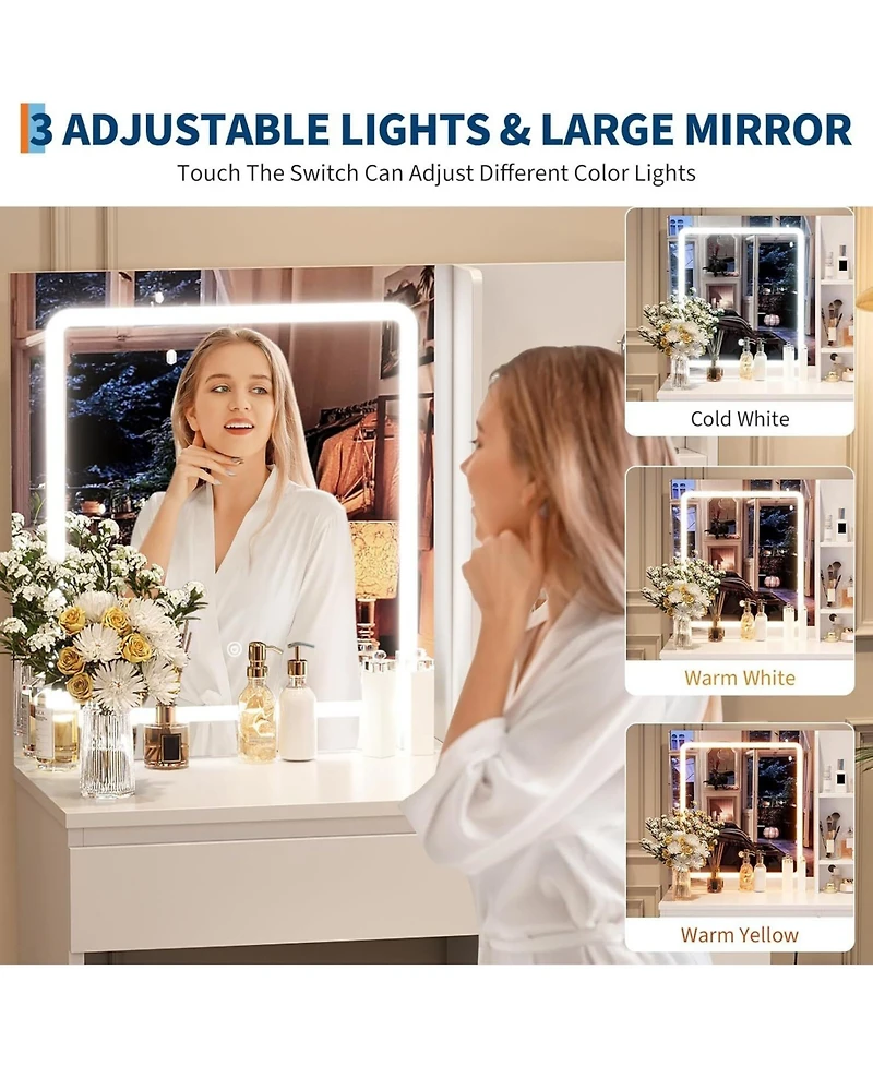 gaomon 4-Drawer Led Vanity Set, Makeup Desk with Power Outlet, Mirror and Matching Stool